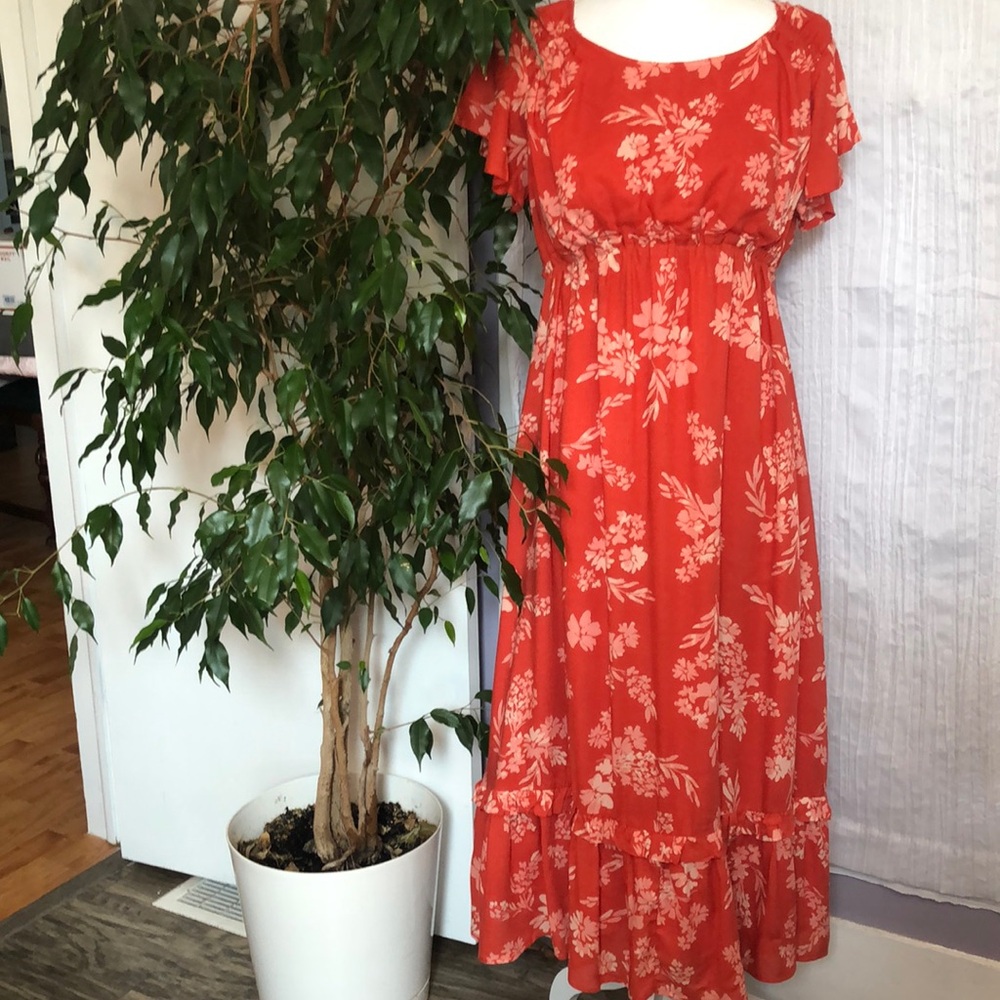 ISABEL MATERNITY SZ S orange & white floral ruffled maxi dress w/empire waist